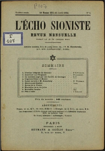 L'Echo Sioniste. Vol. 6 n° 4 (15 avril 1905)